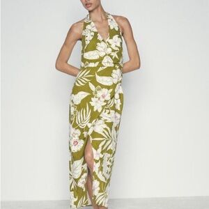 ZARA TROPICAL LINEN BLEND FLORAL PRINT HALTER DRESS ZW COLLECTION Green Cream M